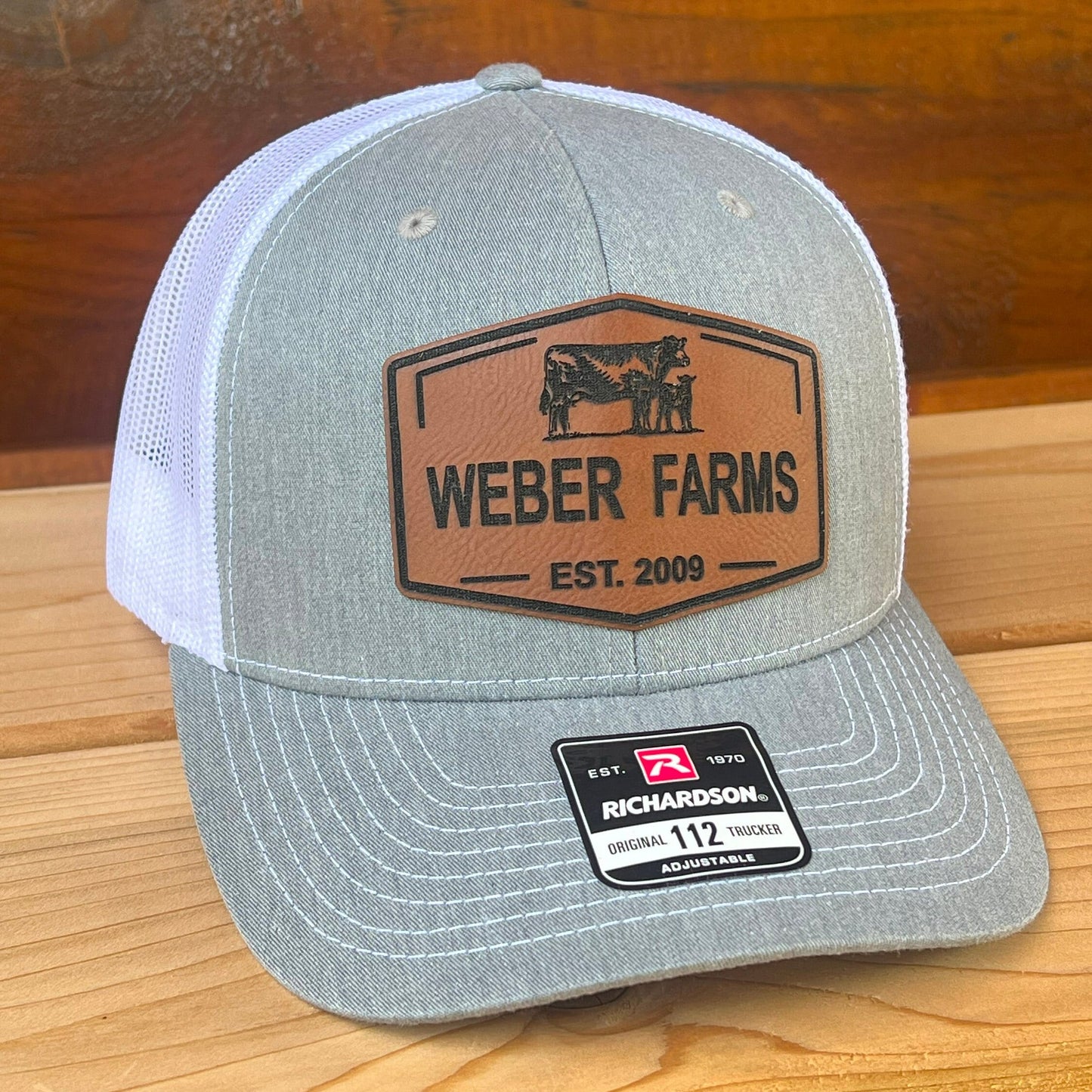 Personalized Farm Name Hat| Cow and Calf Leather Patch Trucker Hat | Richardson 112 Hat Cattle | Ranch Farm Name Hat with Est. Date