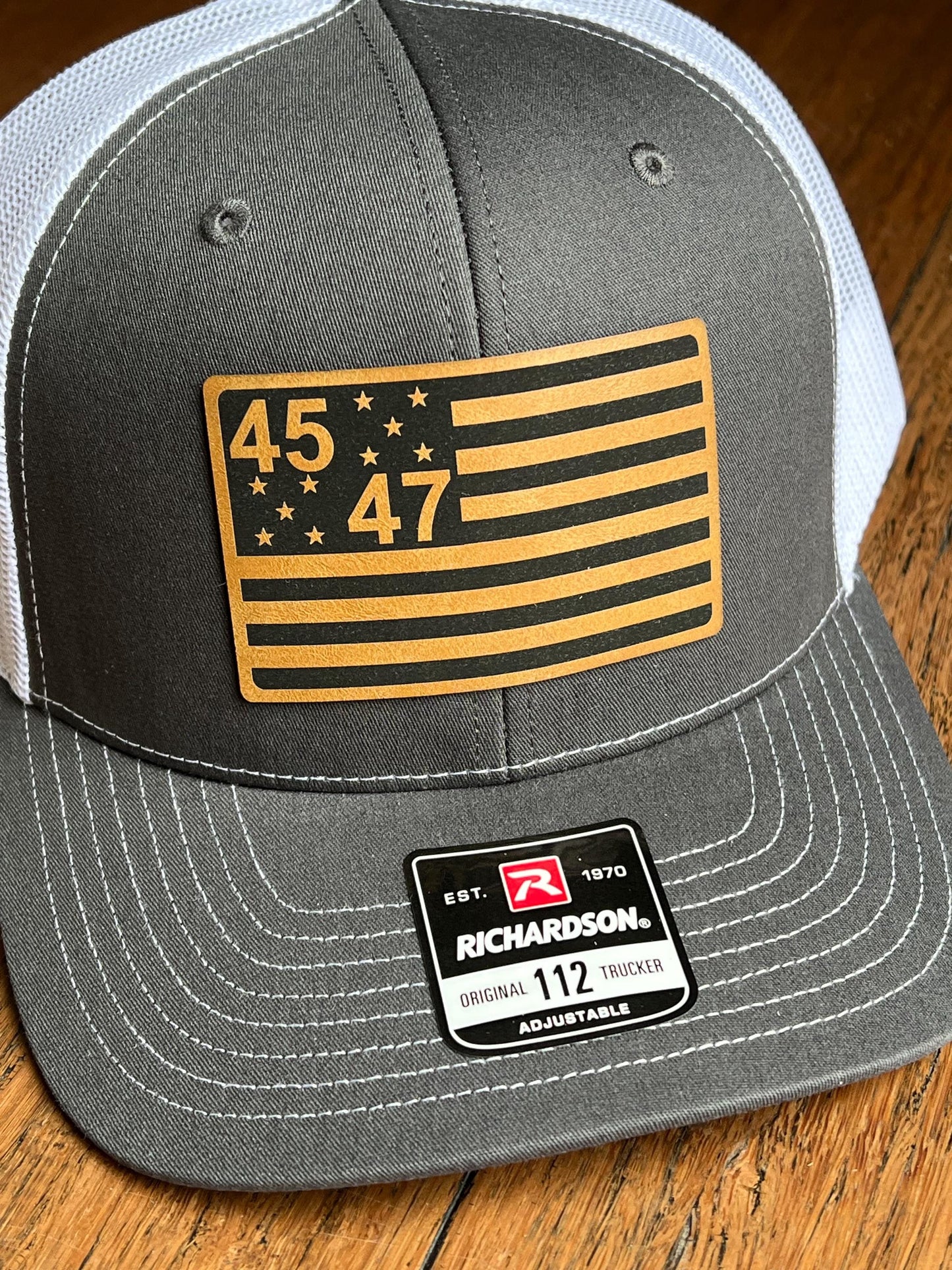 45 - 47 Trump American Flag Hat | Trump Trucker Hat Leather Patch | Donald Trump for President 2024 - Richardson 112