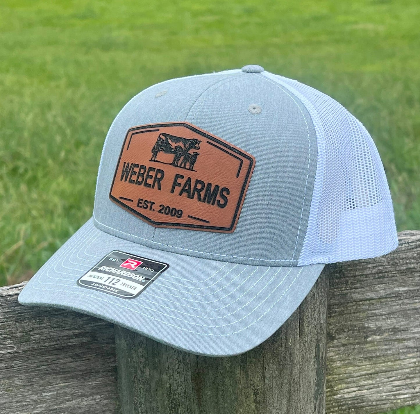 Personalized Farm Name Hat| Cow and Calf Leather Patch Trucker Hat | Richardson 112 Hat Cattle | Ranch Farm Name Hat with Est. Date