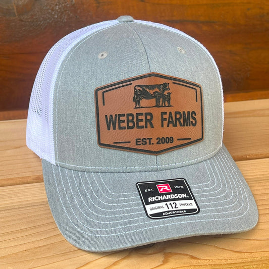 Personalized Farm Name Hat| Cow and Calf Leather Patch Trucker Hat | Richardson 112 Hat Cattle | Ranch Farm Name Hat with Est. Date