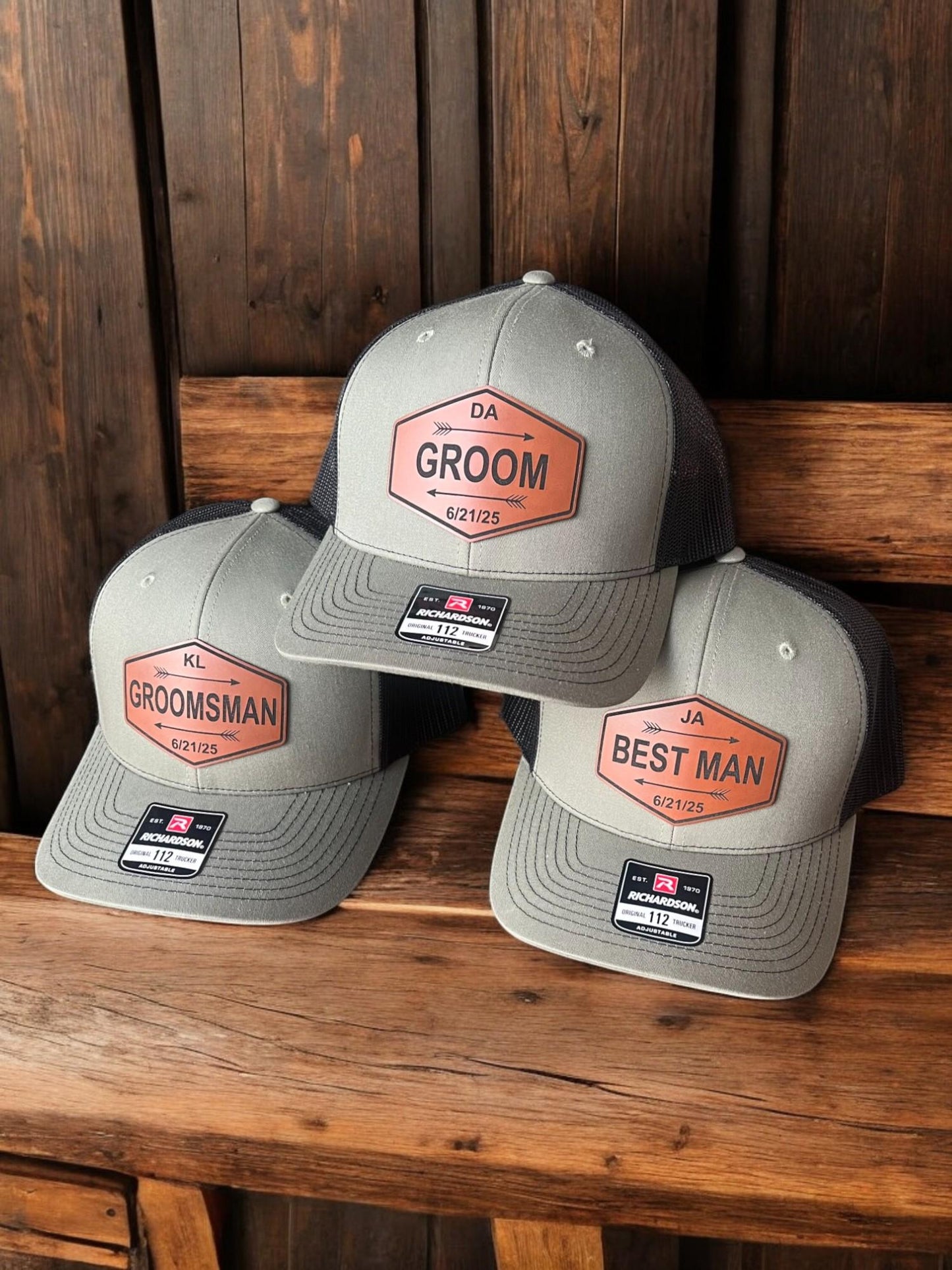 Personalized Groomsmen Hats - Custom Wedding Party Caps - Leather Patch Trucker - Best Man Gift - Bachelor Party Hats