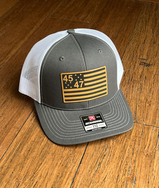 45 - 47 Trump American Flag Hat | Trump Trucker Hat Leather Patch | Donald Trump for President 2024 - Richardson 112
