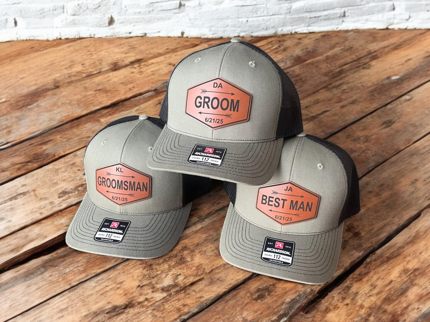 Personalized Groomsmen Hats - Custom Wedding Party Caps - Leather Patch Trucker - Best Man Gift - Bachelor Party Hats