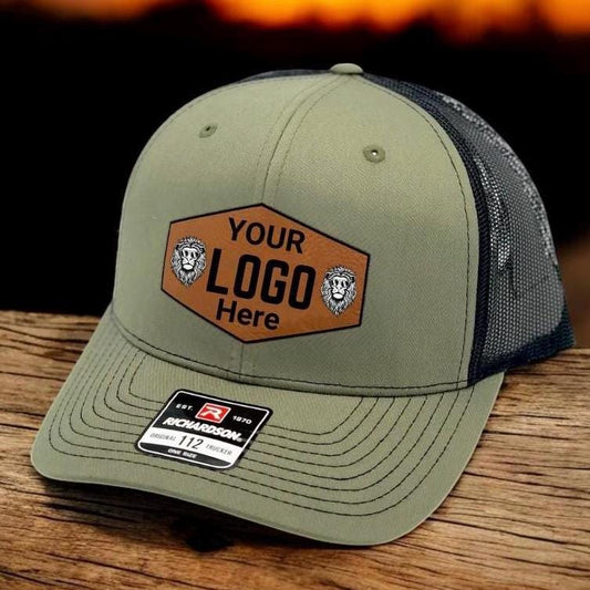 Custom Logo Leather Patch Hat | Personalized with Your Logo on a Hat | Custom Name Engraved into Patch of Your Choice Richardson 112