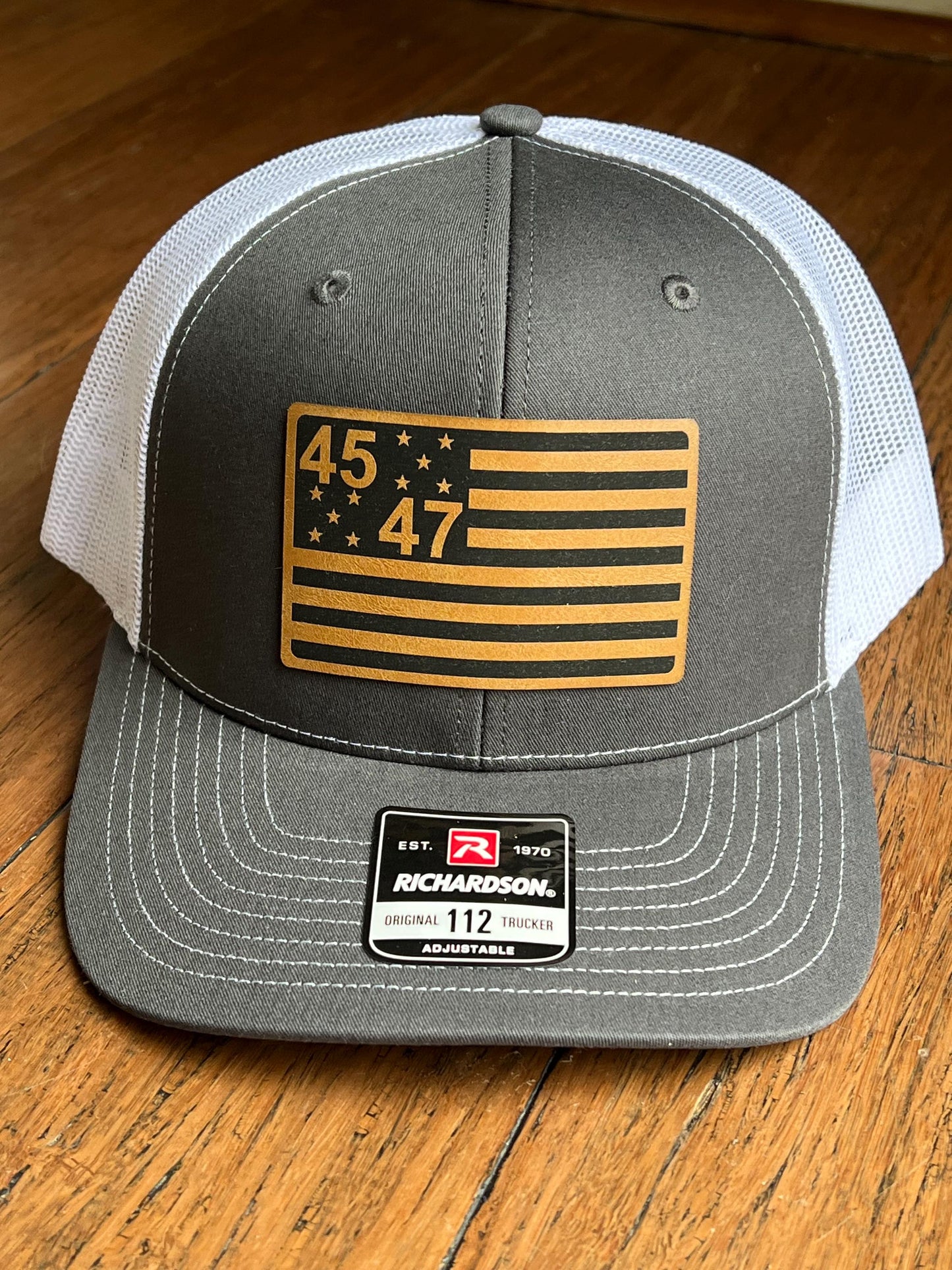 45 - 47 Trump American Flag Hat | Trump Trucker Hat Leather Patch | Donald Trump for President 2024 - Richardson 112