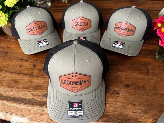 Custom Groomsman Wedding Hat - Personalized Groomsmen Gift - Wedding Party Hats - Bachelor Party Trucker Leather Patch Cap - Best Man Hat