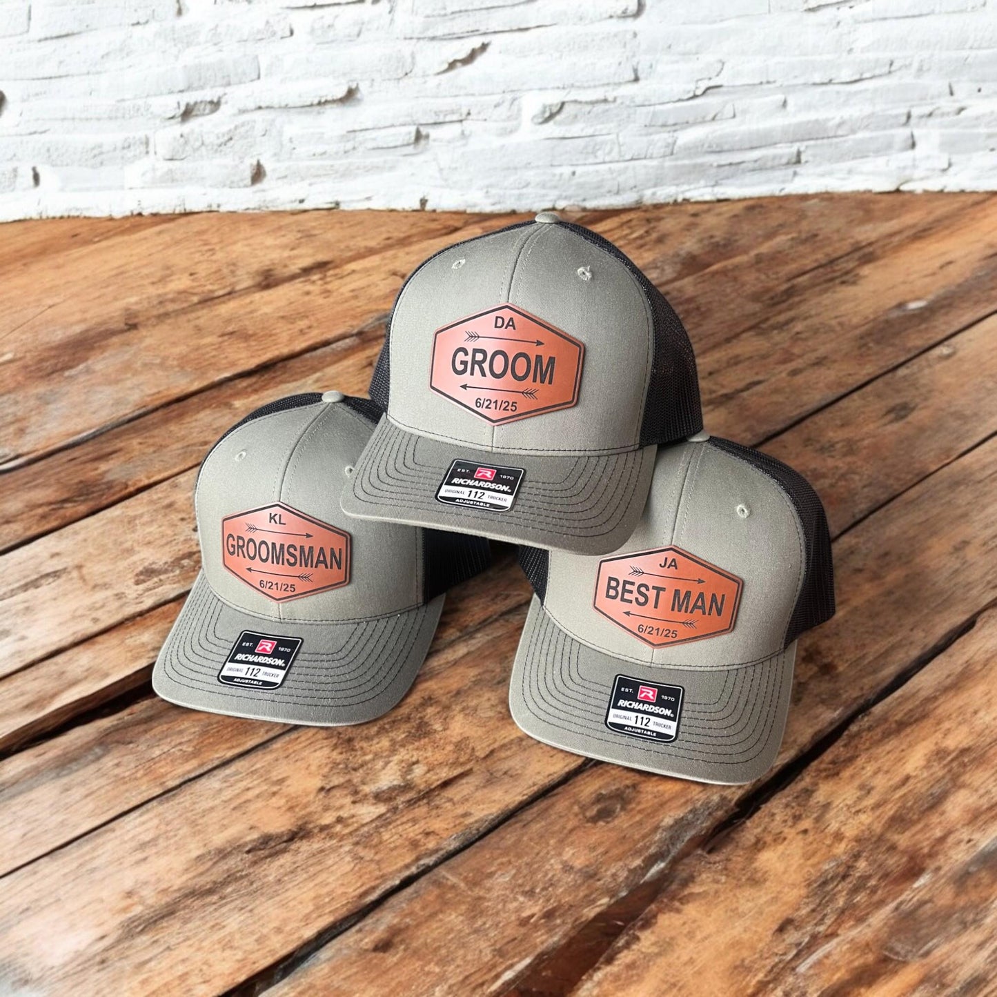 Custom Groomsman Wedding Hat - Personalized Groomsmen Gift - Wedding Party Hats - Bachelor Party Trucker Leather Patch Cap - Best Man Hat