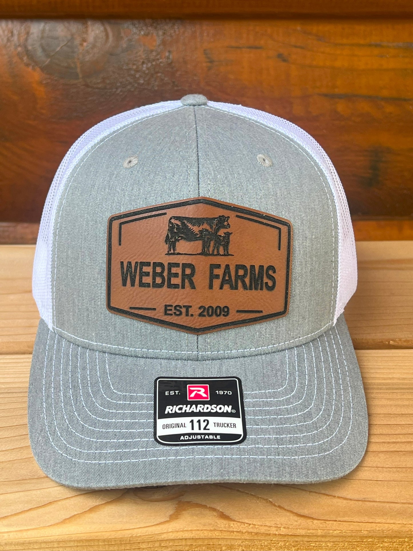Personalized Farm Name Hat| Cow and Calf Leather Patch Trucker Hat | Richardson 112 Hat Cattle | Ranch Farm Name Hat with Est. Date