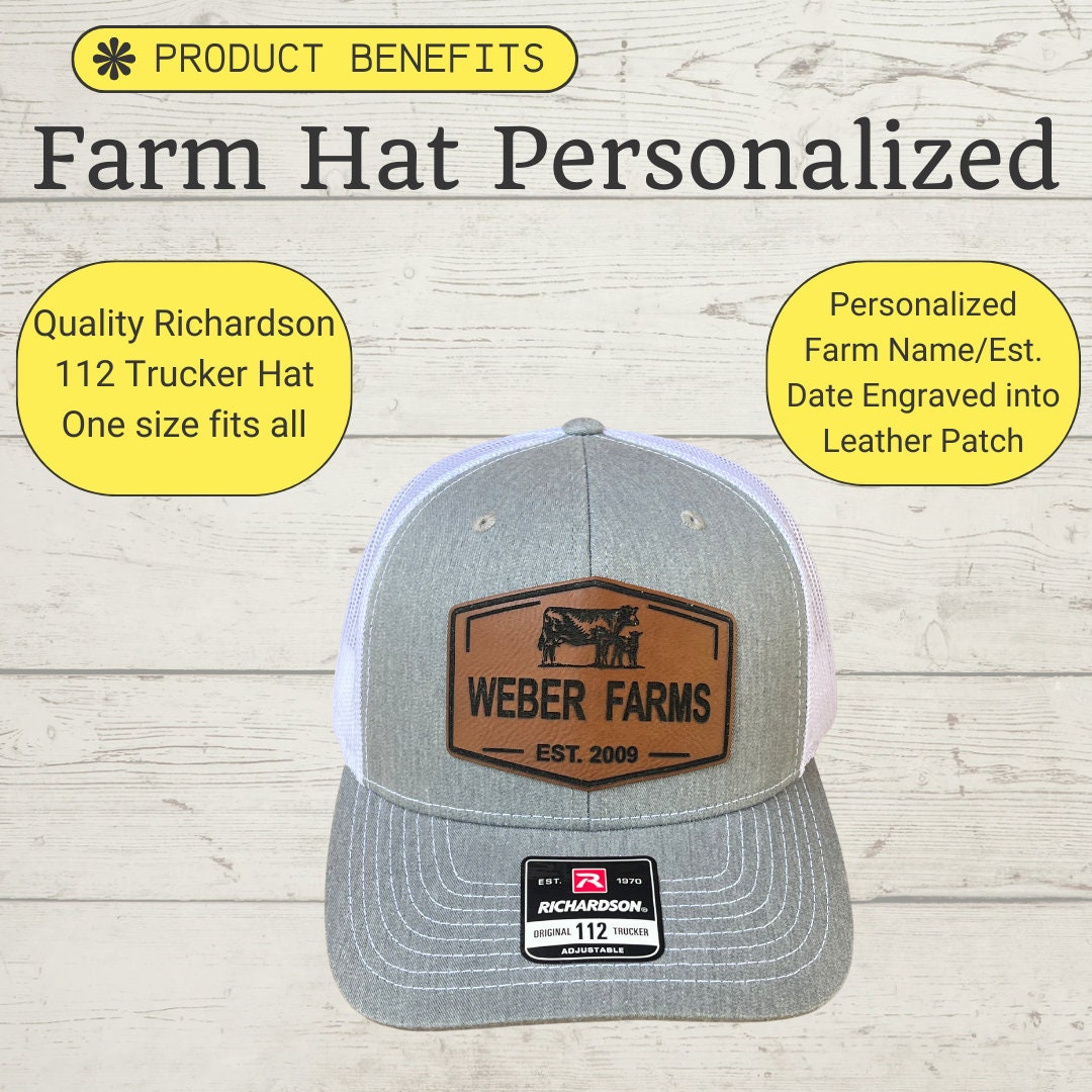 Personalized Farm Name Hat| Cow and Calf Leather Patch Trucker Hat | Richardson 112 Hat Cattle | Ranch Farm Name Hat with Est. Date